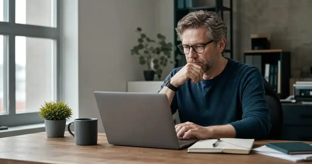 Kleiner Unternehmer analysiert seine Website am Laptop