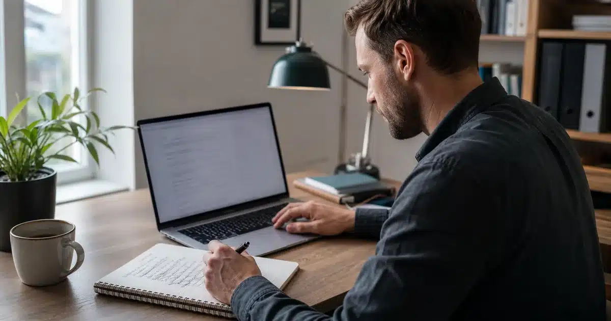 Websitebetreiber überarbeitet einen SEO-Text am Laptop und im Notizbuch