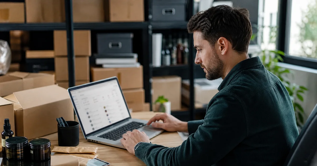 Betreiber eines kleinen Onlineshops arbeitet an Produktkategorien in Shopware 6