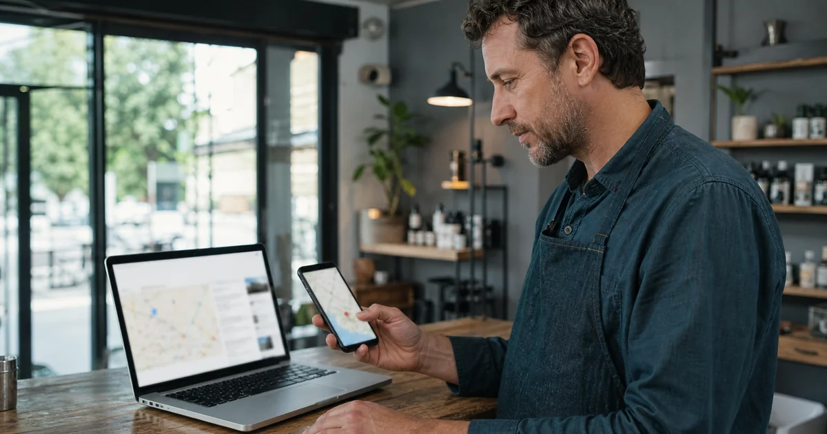 Inhaber eines lokalen Unternehmens prüft seinen Online-Auftritt auf Smartphone und Laptop