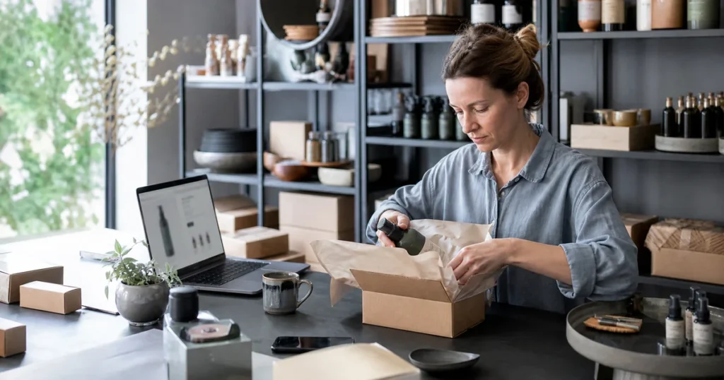 Betreiberin eines kleinen Onlineshops verpackt eine Bestellung neben ihrem Laptop