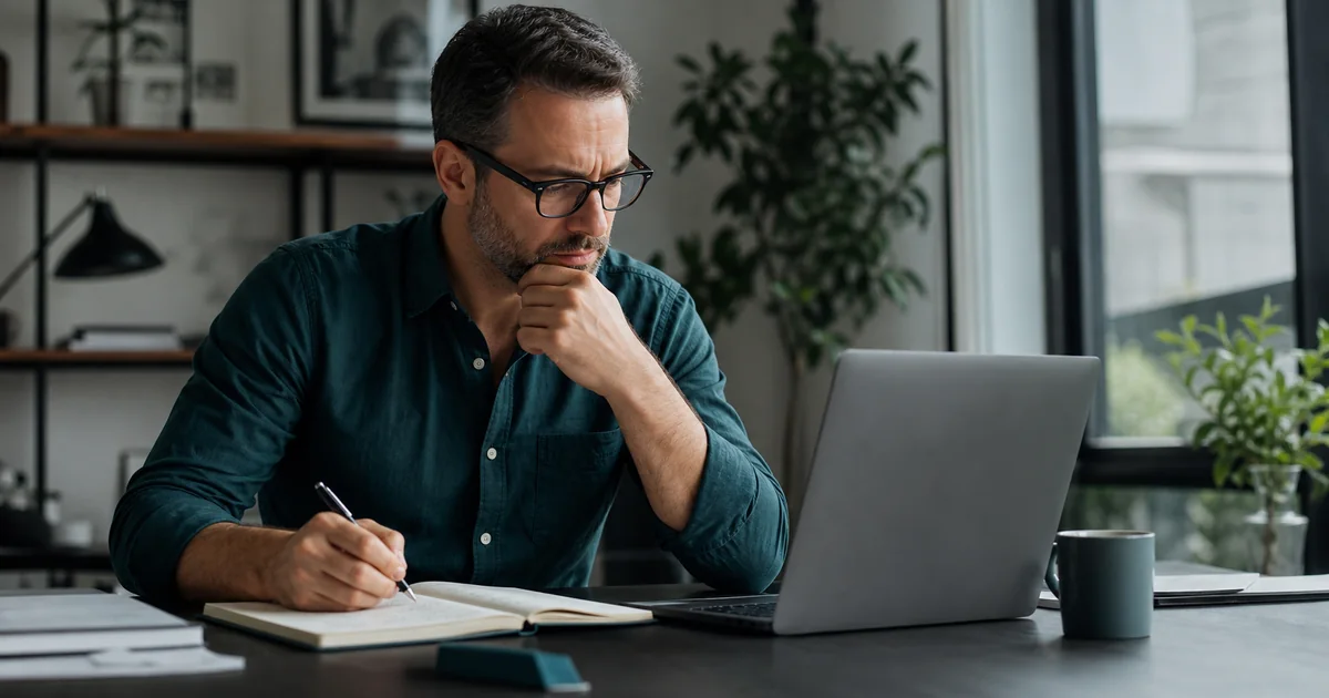 Websitebetreiber prüft einen mit KI vorbereiteten SEO-Entwurf anhand eigener Notizen