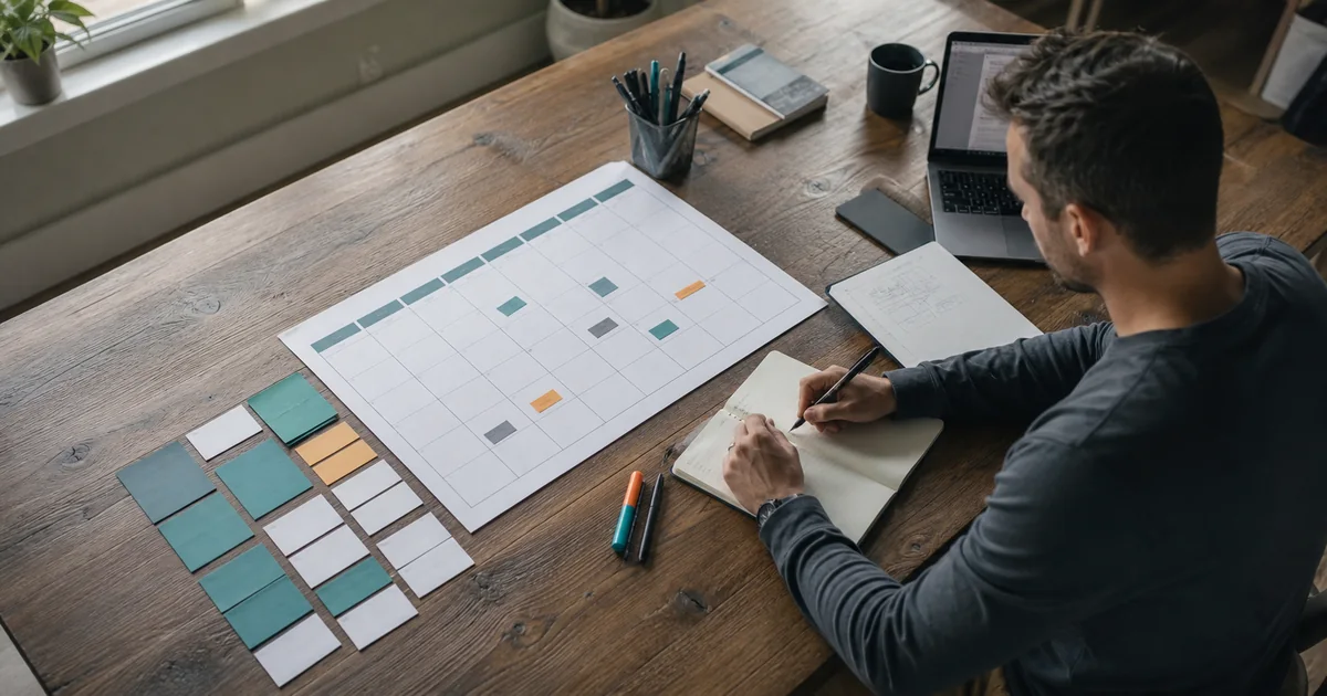 Unternehmer plant SEO-Aufgaben für 90 Tage mit Kalender, Notizen und Laptop