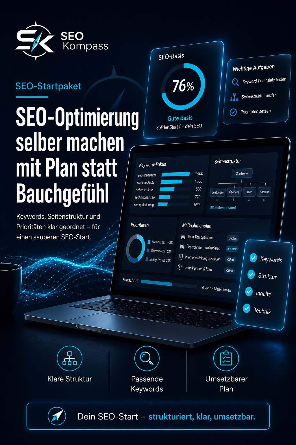 SEO-Startpaket von SEOKompass mit Websiteanalyse, Keywordplanung und priorisiertem Maßnahmenplan