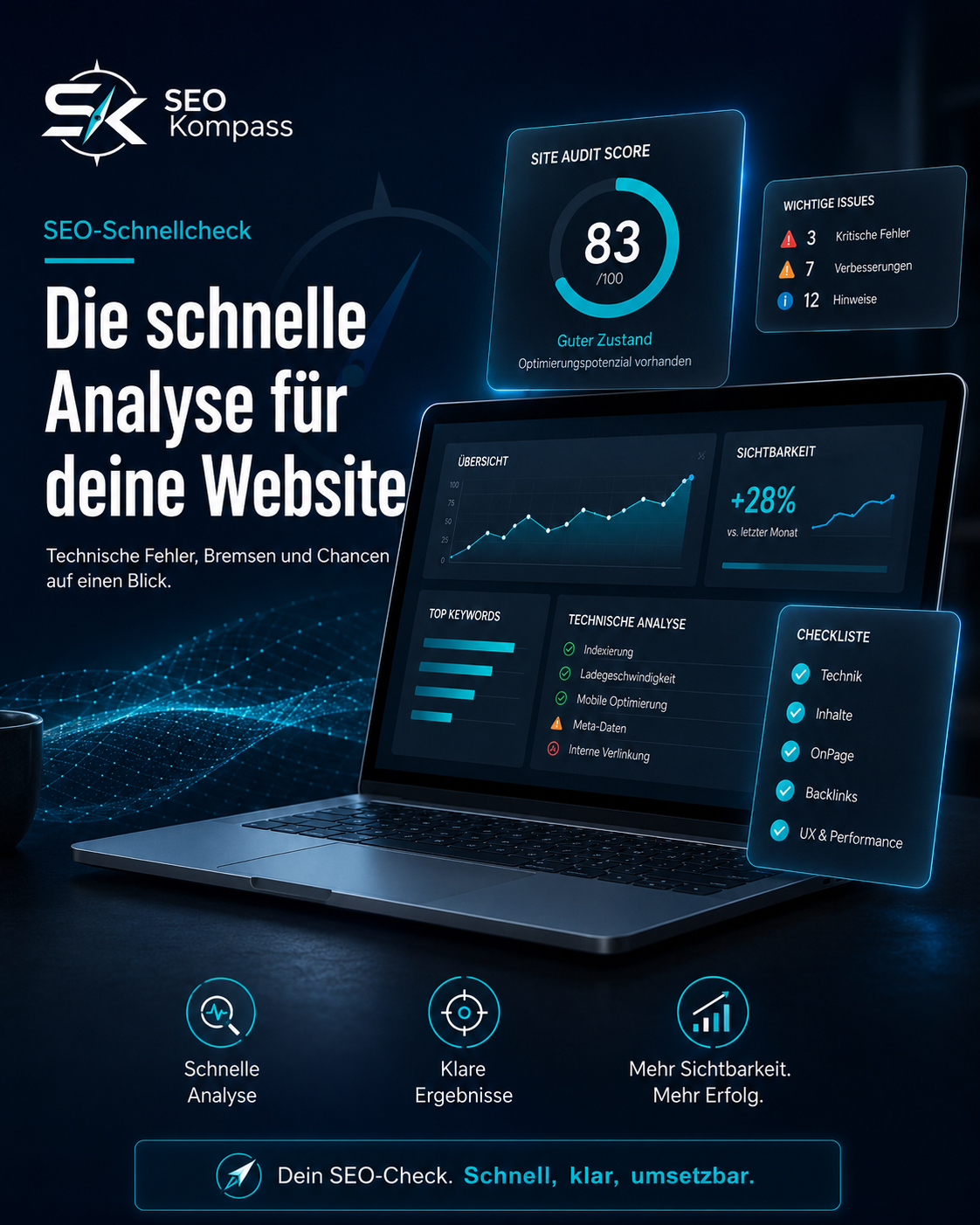 SEO-Schnellcheck von SEOKompass mit Laptop, Website-Audit, Sichtbarkeitskurve, technischen Fehlern und SEO-Checkliste