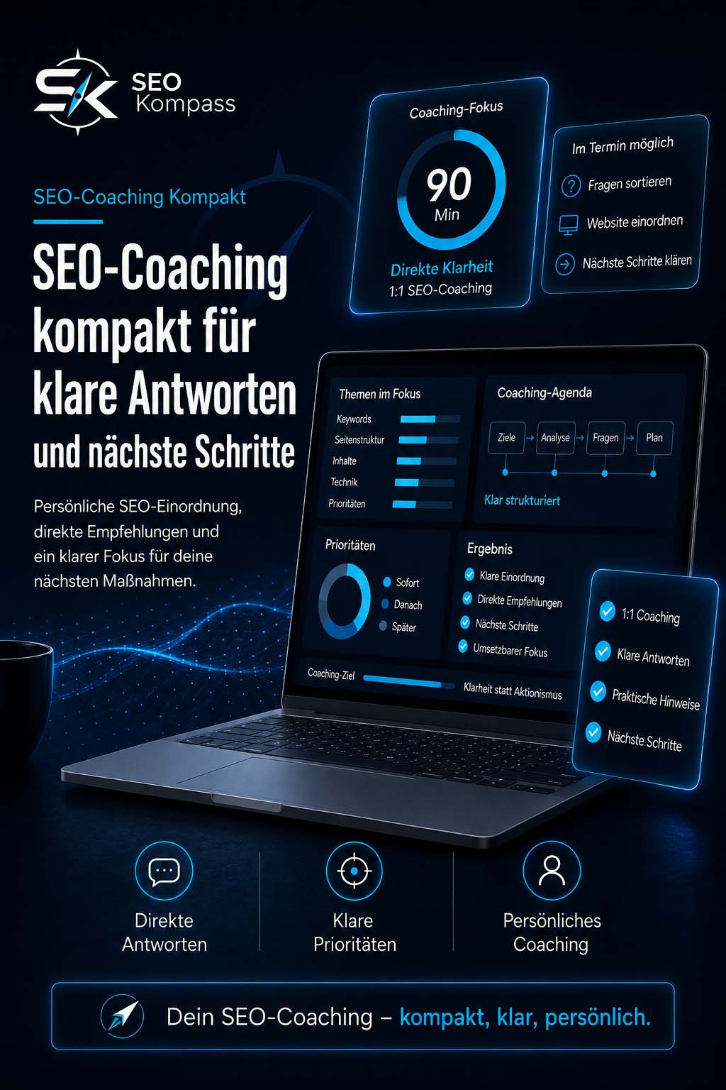 SEO-Coaching für Selbstständige mit Laptop-Dashboard, klaren Prioritäten und persönlichen nächsten Schritten von seokompass.info