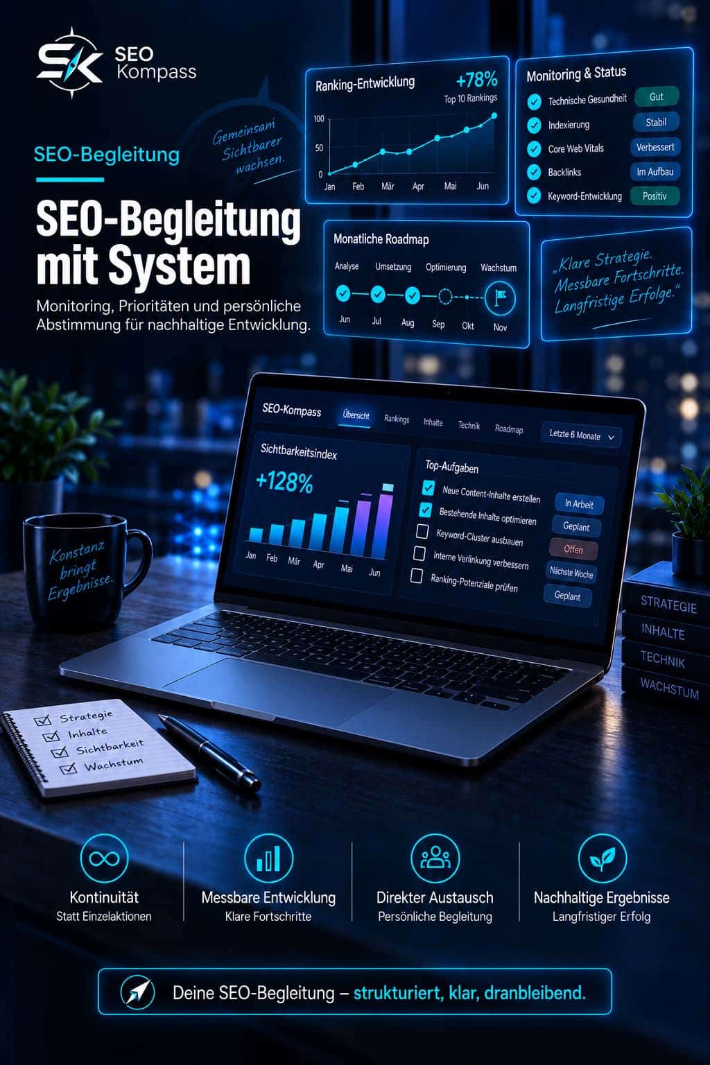 SEO-Begleitung für Unternehmen mit Monitoring, Ranking-Entwicklung, klaren Prioritäten und persönlicher Zusammenarbeit