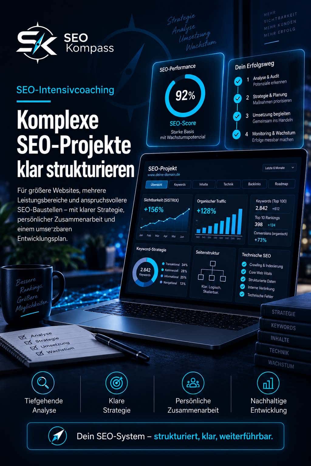 SEO-Intensivcoaching für komplexe Websites mit Analyse, Keyword-Strategie, technischer SEO und persönlicher Begleitung