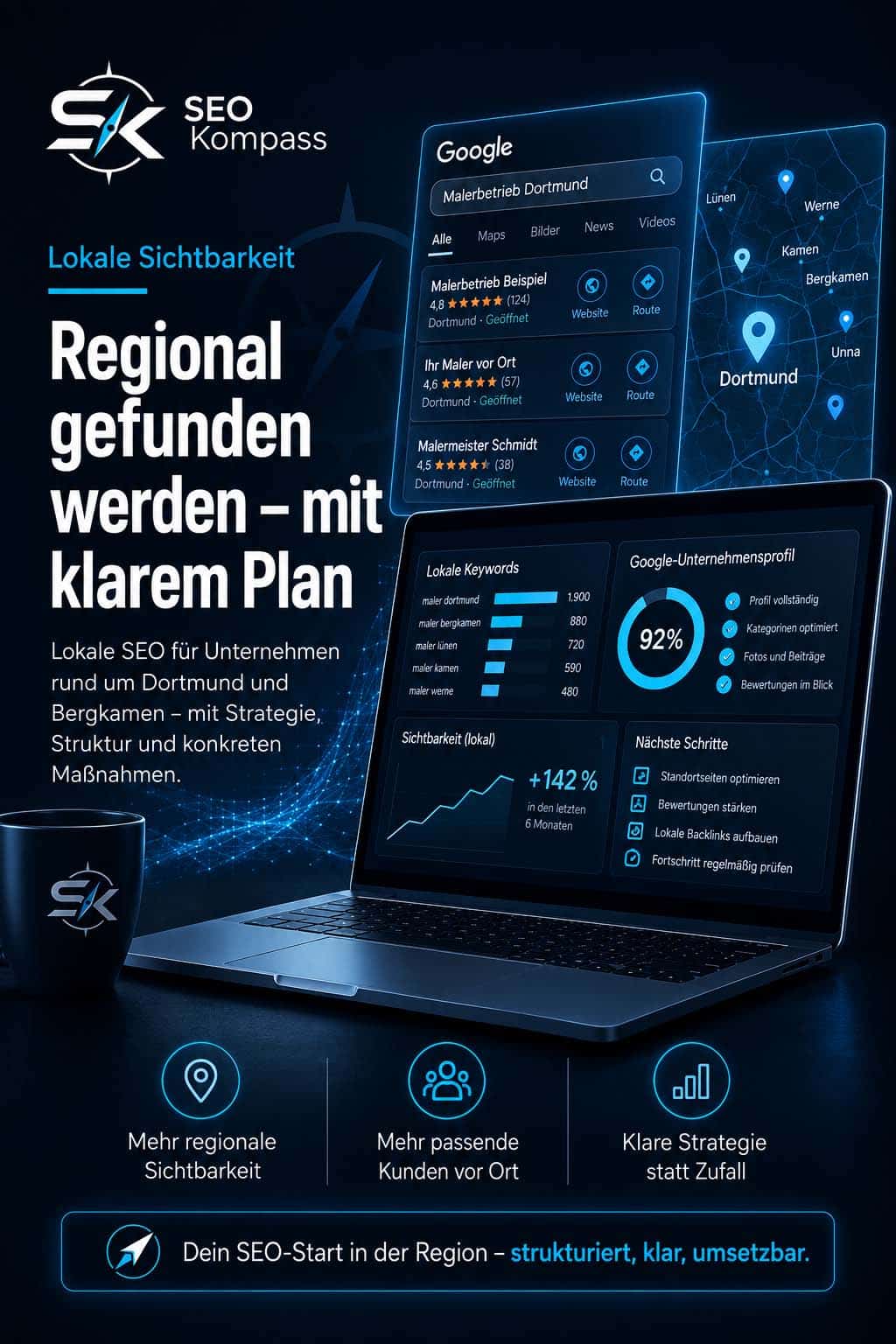 Lokale SEO für Unternehmen in Dortmund, Bergkamen und Umgebung mit regionalen Keywords, Google-Unternehmensprofil und Sichtbarkeitsanalyse